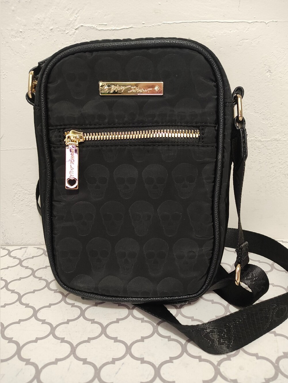 Betsey Johnson Black Skull-Pattern Soft Crossbody Bag with Gold Hardware